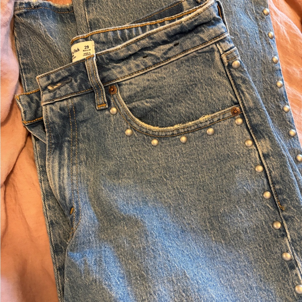 Abercrombie & Fitch Blue Straight Leg Jeans with Pearl Accents